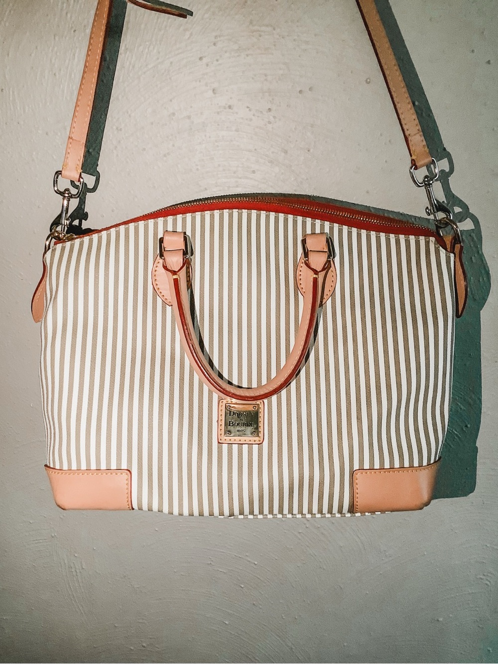 NWOT Dooney & Bourke Striped Darcy Satchel in Beige and Red